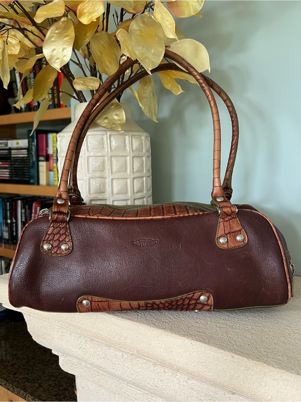 Brown Faux Leather Barrel Shoulder Bag with Croc-Accent Trim